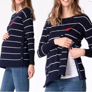 Seraphine Maternity Nursing Nautical Stripe Navy Heart Sweater W/ Side Buttons M